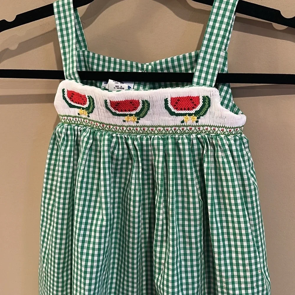 Silly goose smocked watermelon green checked dress